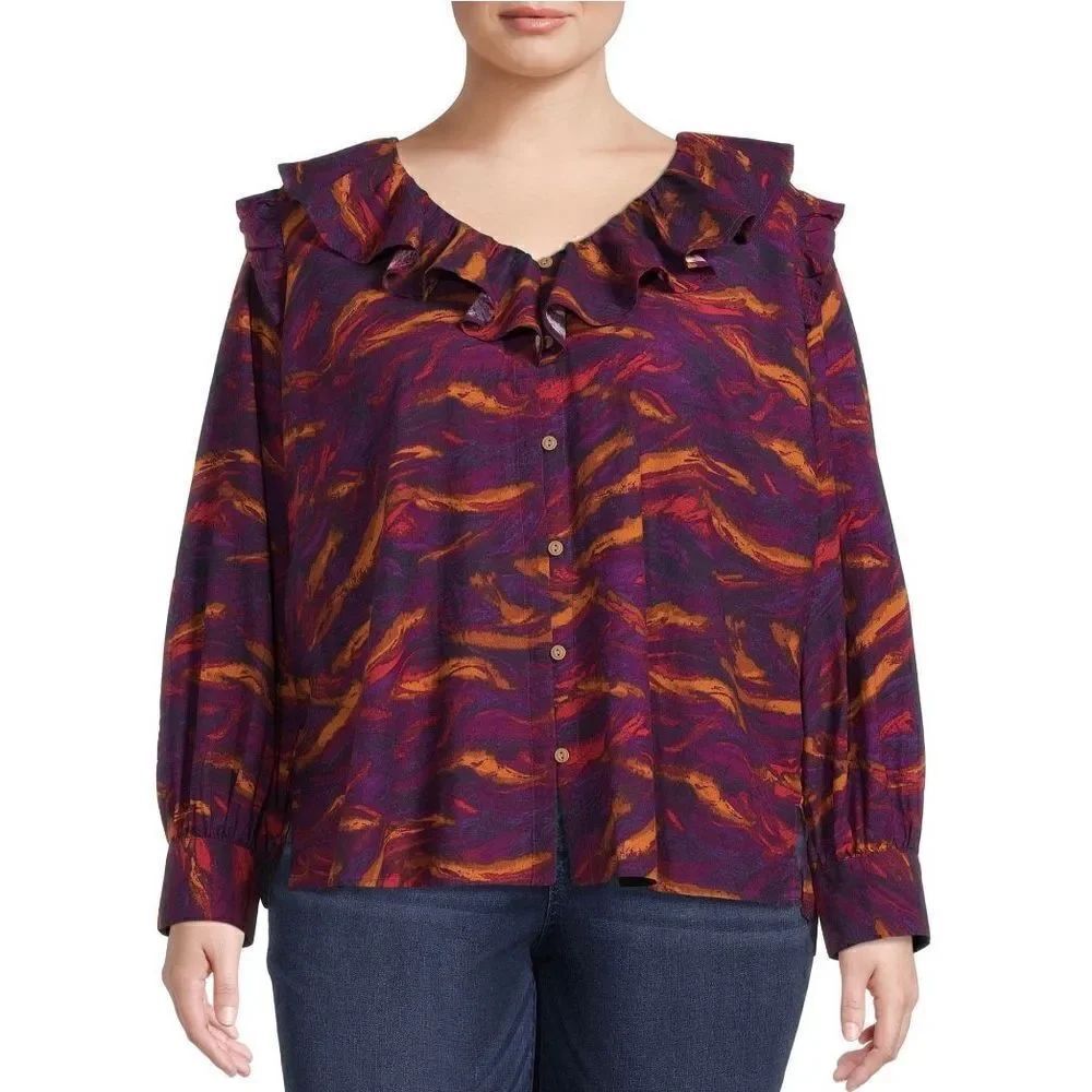 NWT Terra and Sky 3X Plus Size Burgundy Orange Print Long Sleeve Ruffle Top New